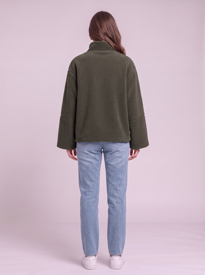 Turtleneck Zip Up Plush Jacket - Dark Green - back