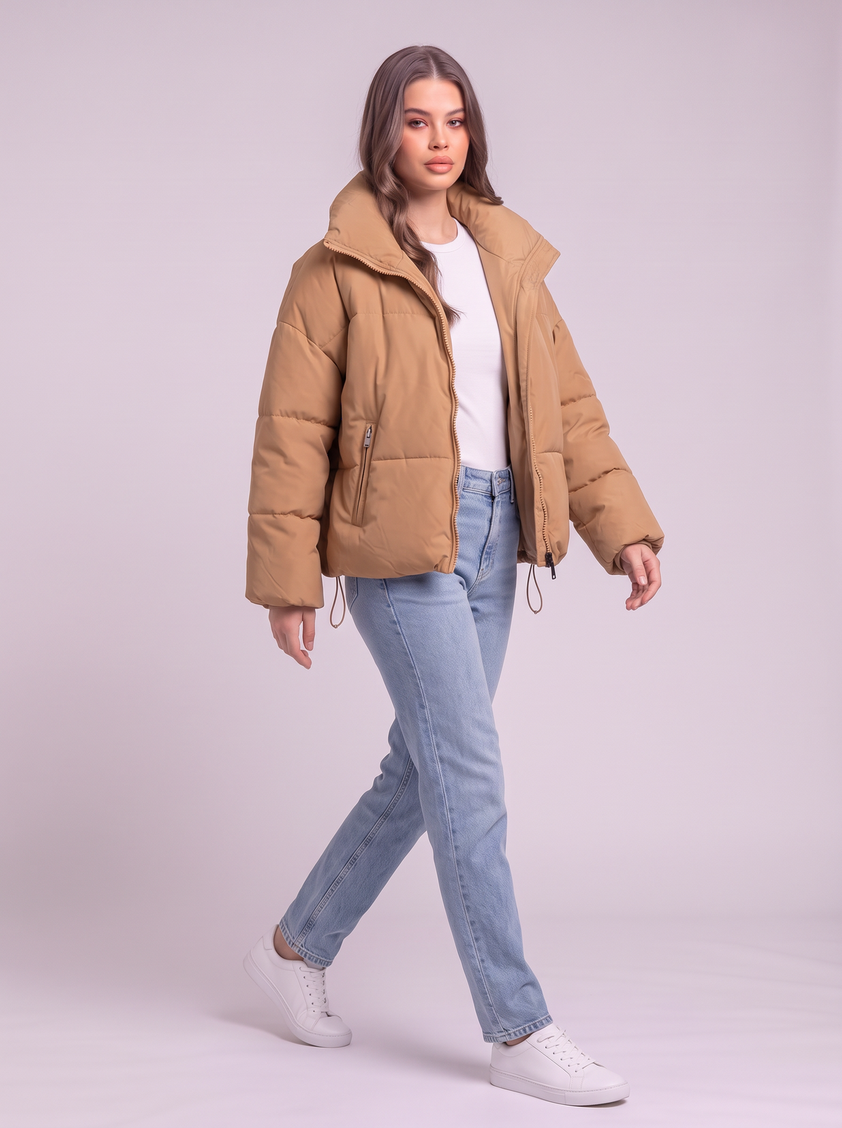 Collared Neck Puffer Coat - Tan - side