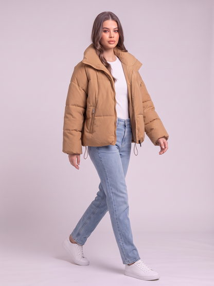 Collared Neck Puffer Coat - Tan - side