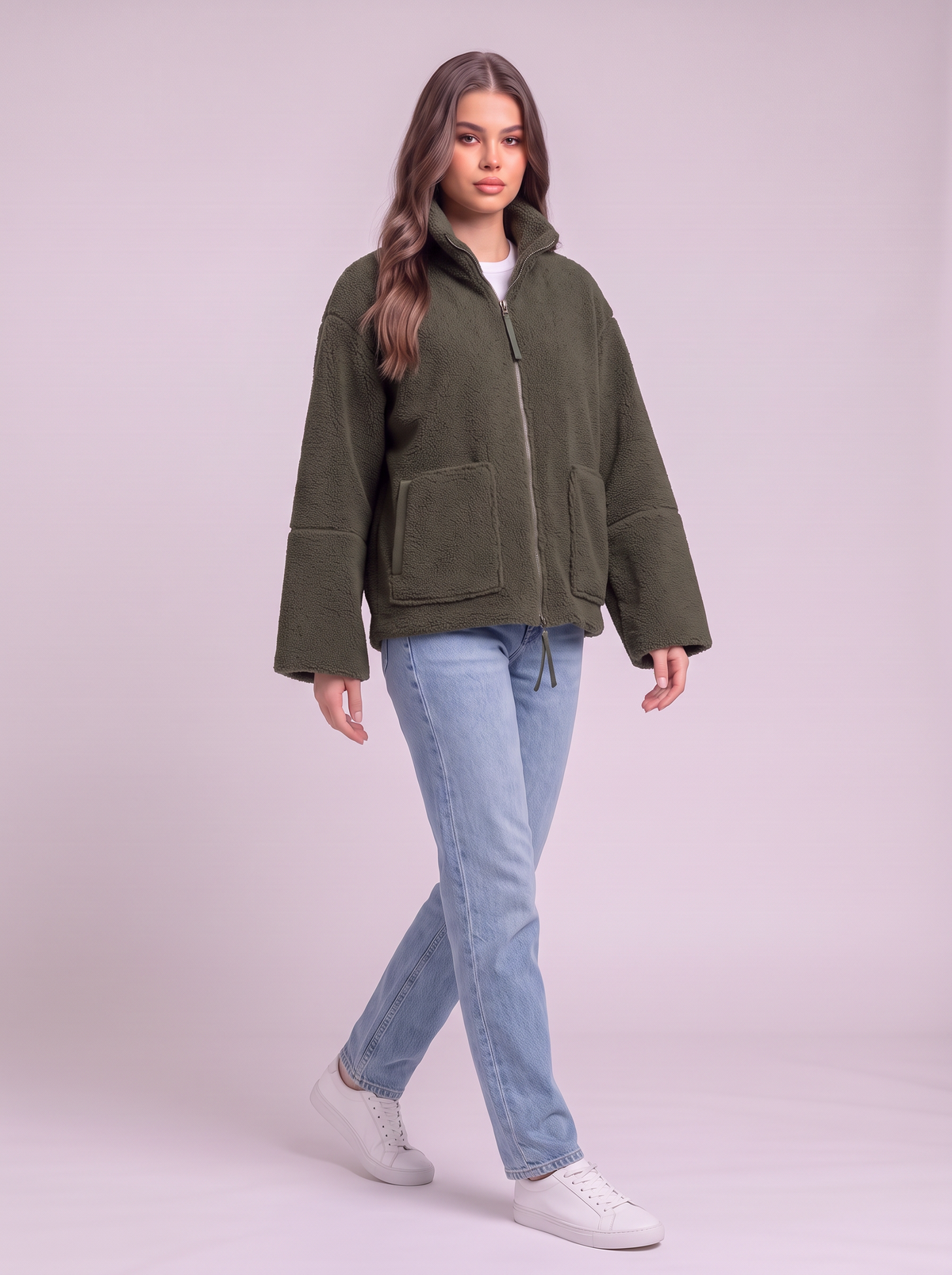 Turtleneck Zip Up Plush Jacket - Dark Green - side
