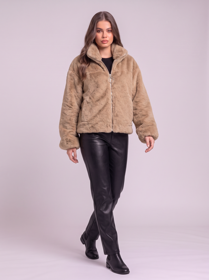 Faux Fur Cropped Zip-Up Jacket - Khaki - side