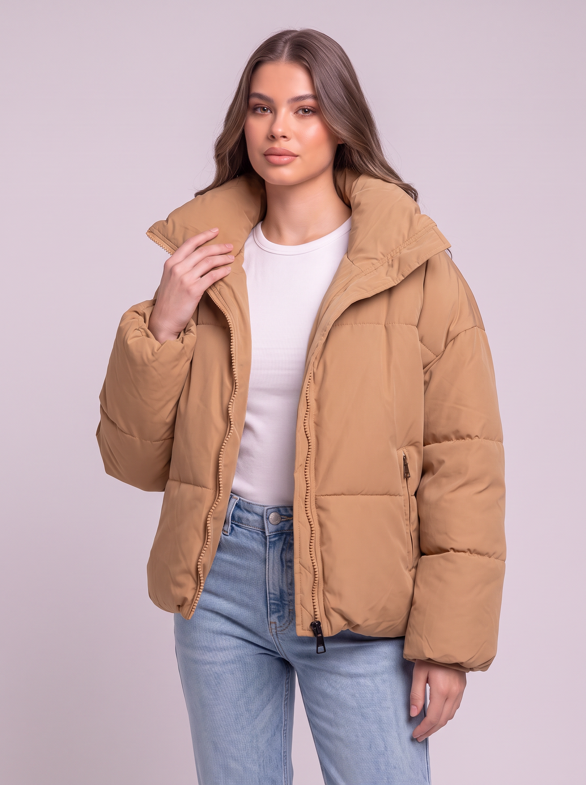 Collared Neck Puffer Coat - Tan - detail