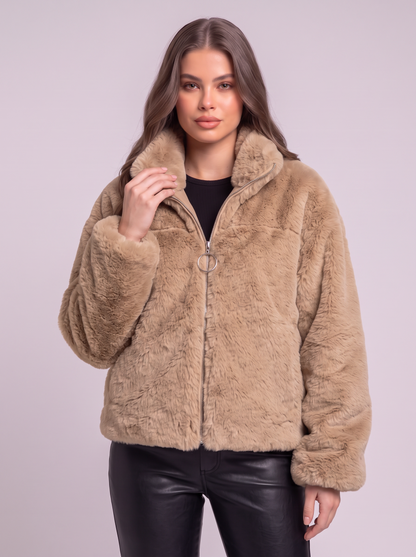Faux Fur Cropped Zip-Up Jacket - Khaki - detail