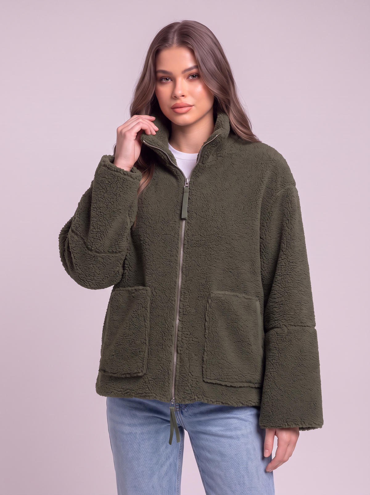Turtleneck Zip Up Plush Jacket - Dark Green - detail