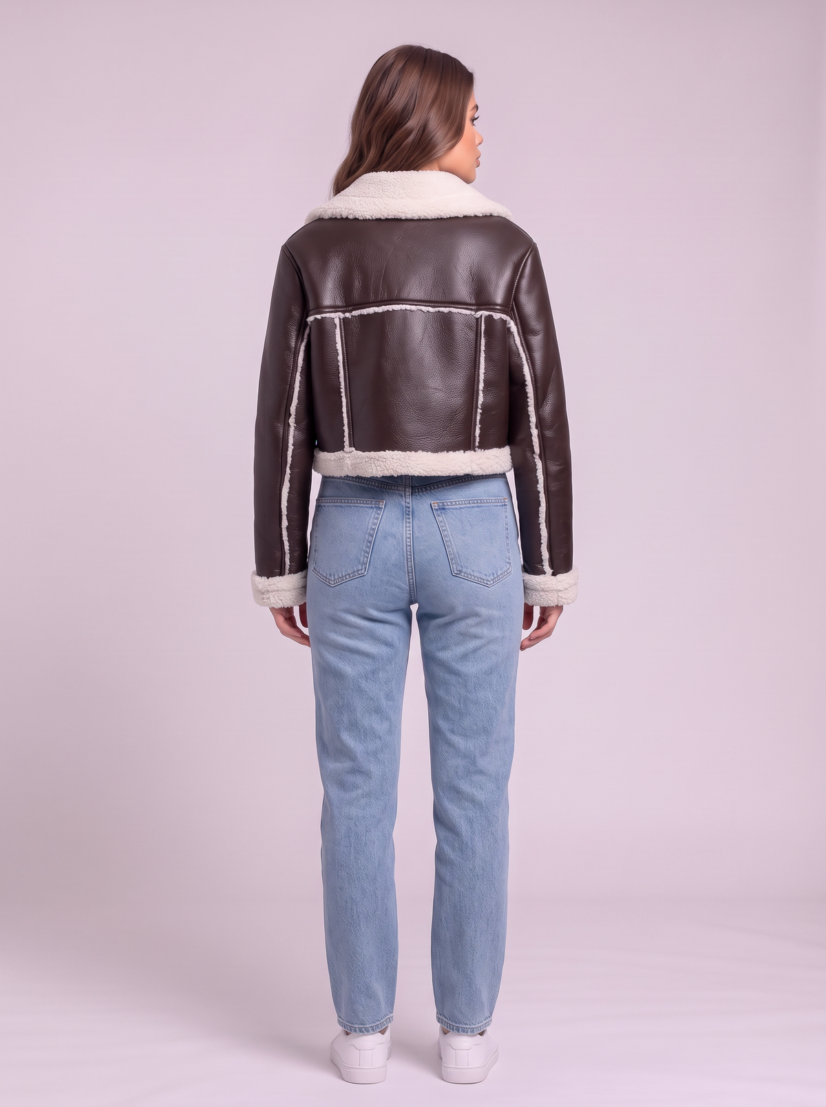 Collared Plush Cropped Jacket - Chocolate - back