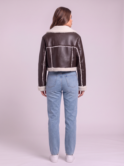Collared Plush Cropped Jacket - Chocolate - back