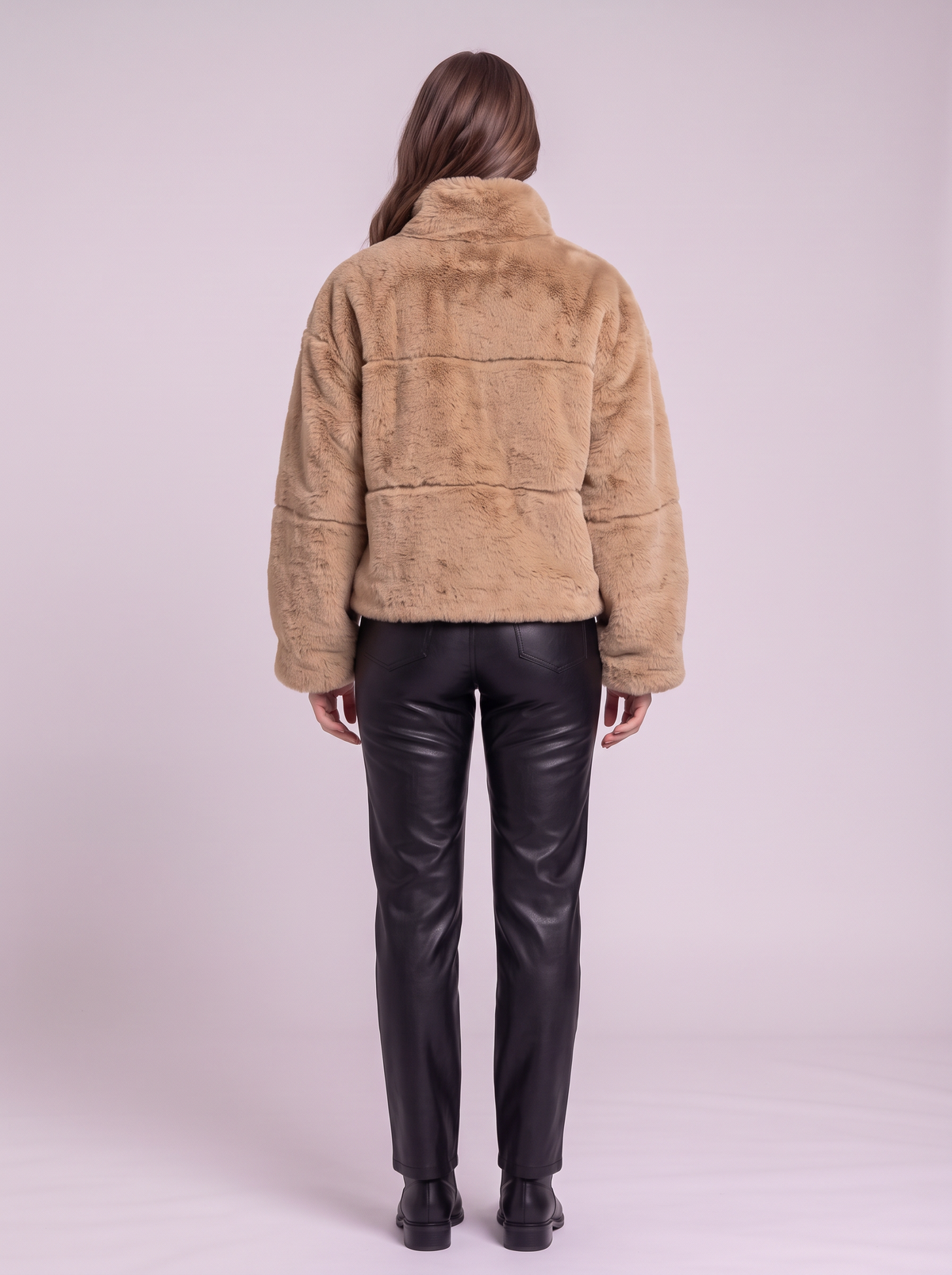 Faux Fur Cropped Zip-Up Jacket - Khaki - back