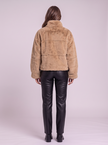 Faux Fur Cropped Zip-Up Jacket - Khaki - back