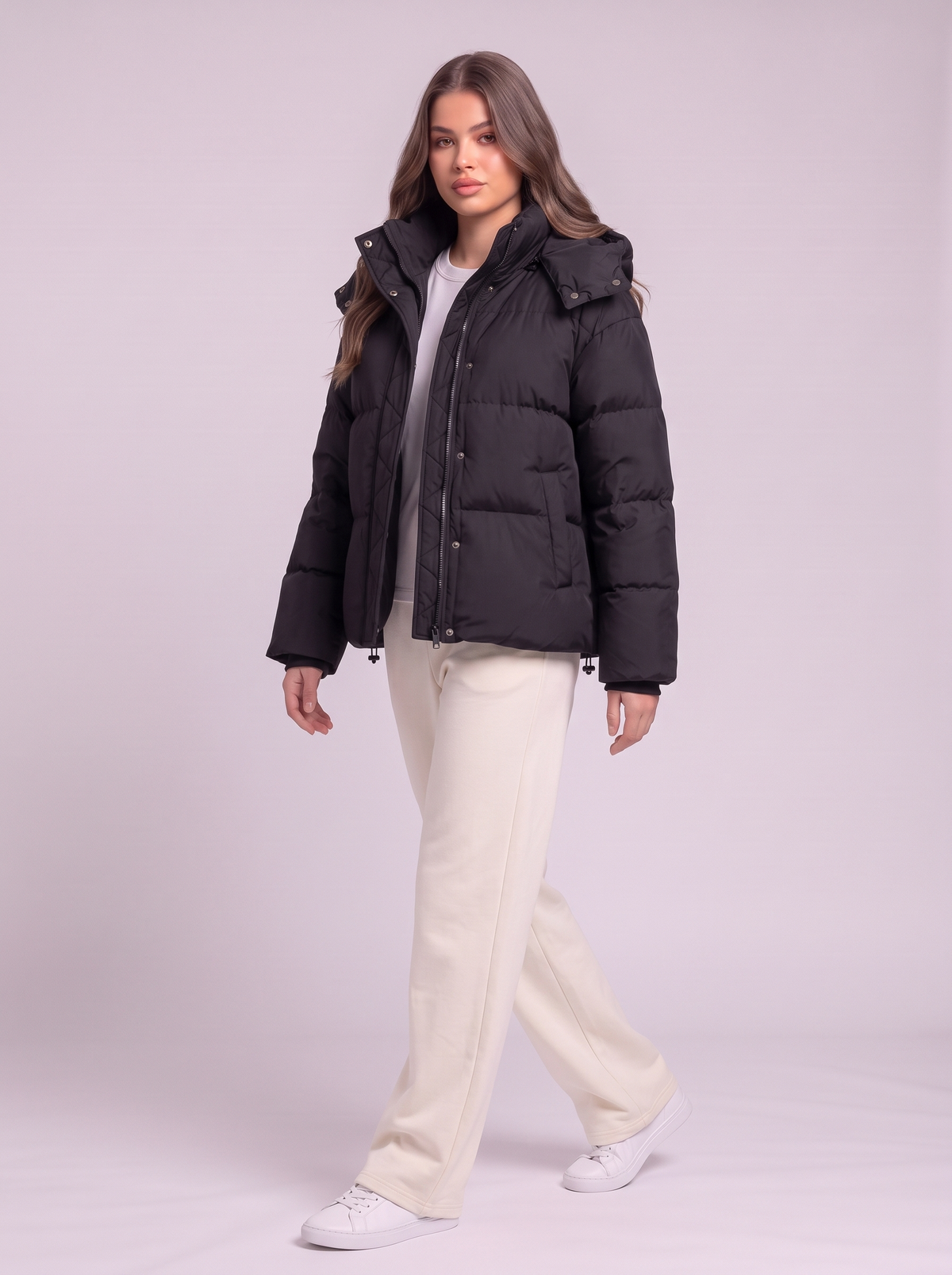 Quilted Hooded Puffer Jacket - Black - side