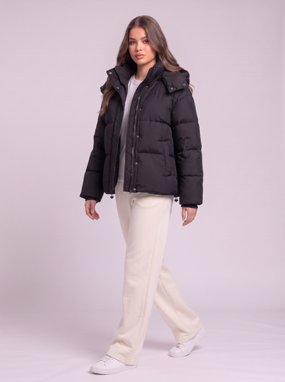 Quilted Hooded Puffer Jacket - Black - side
