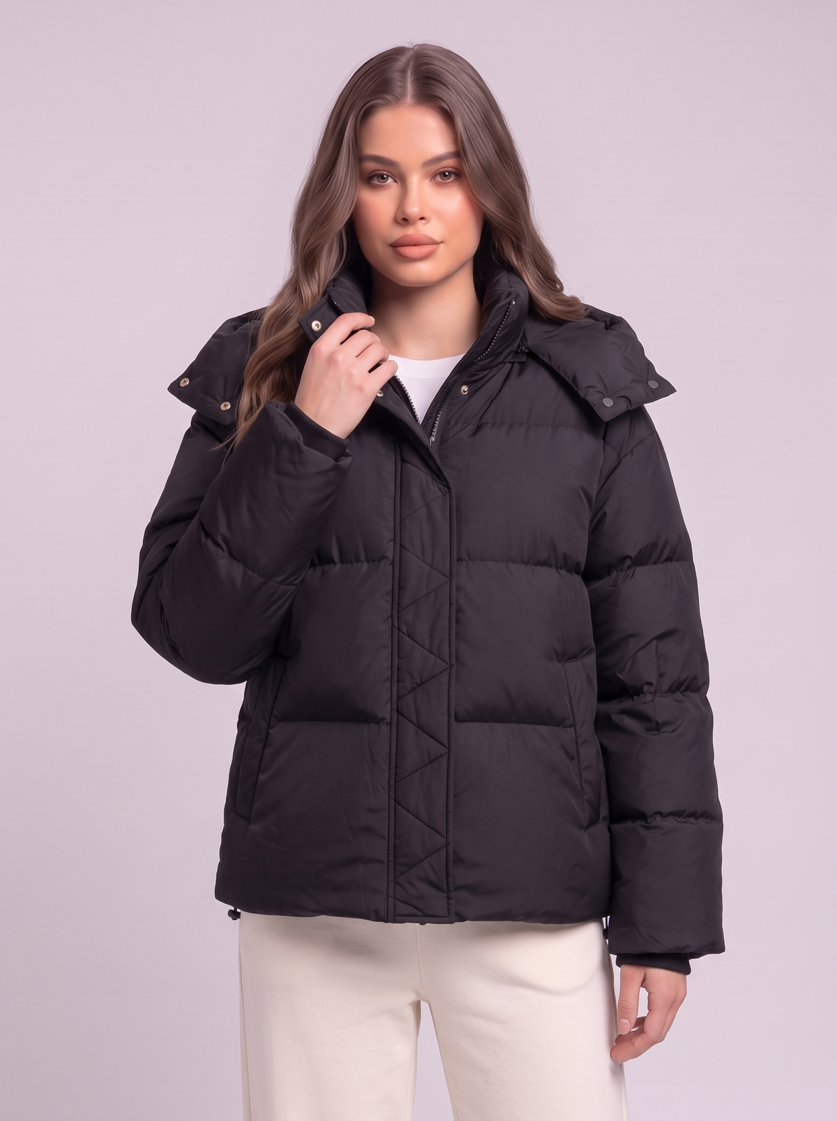 Quilted Hooded Puffer Jacket - Black - detail