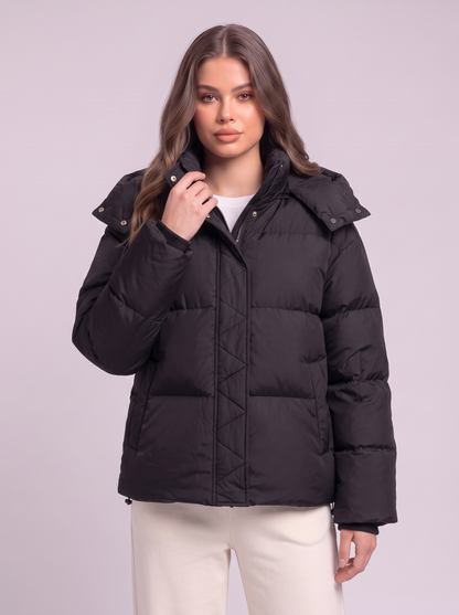 Quilted Hooded Puffer Jacket - Black - detail