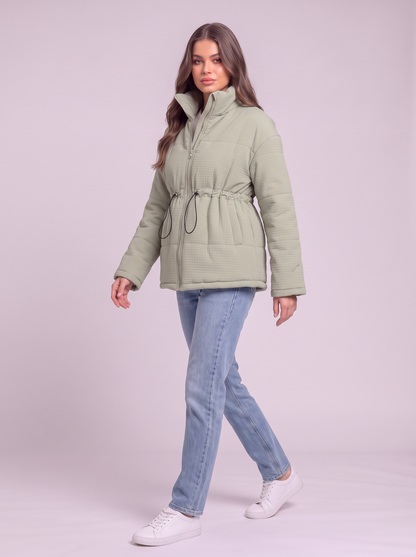 Drawstring Waist Puffer Jacket - Light Green - side