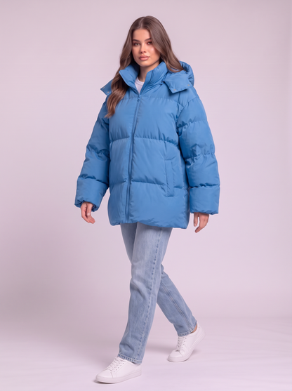 Pocketed Hooded Puffer Jacket - Sky Blue - side