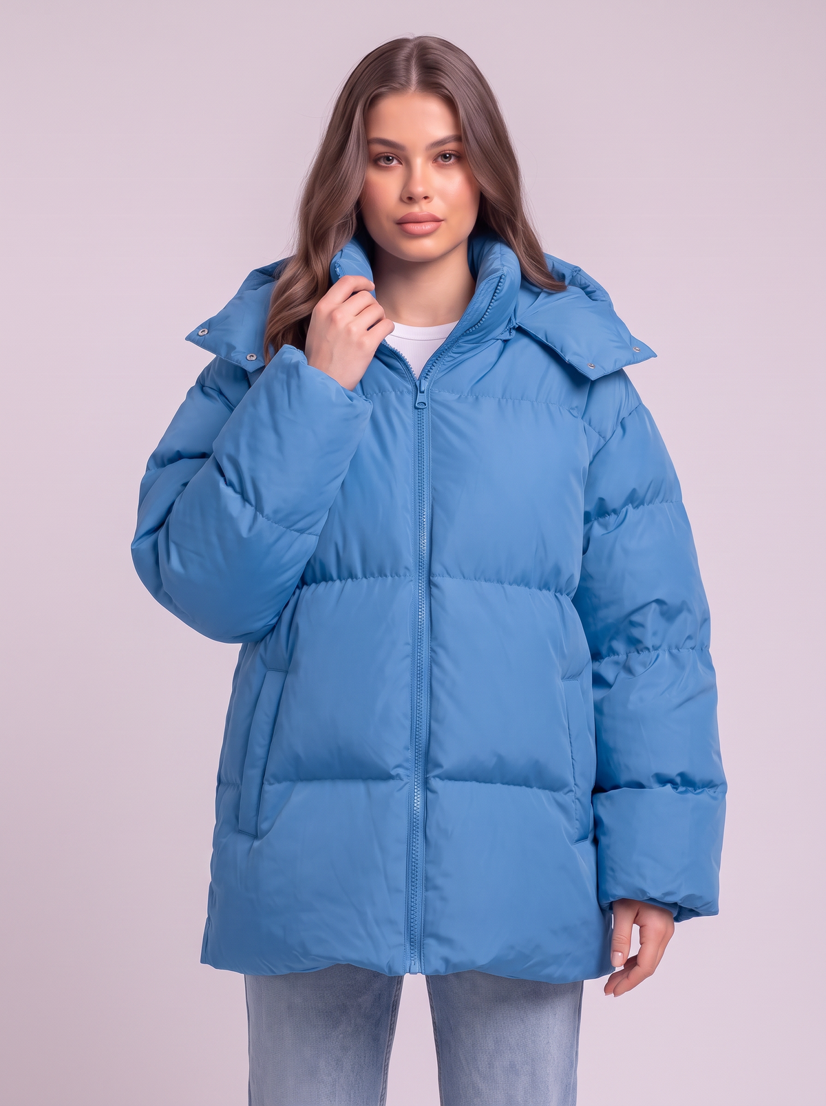 Pocketed Hooded Puffer Jacket - Sky Blue - detail