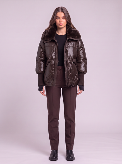 Fur Collar Padded Puffer Jacket - Brown