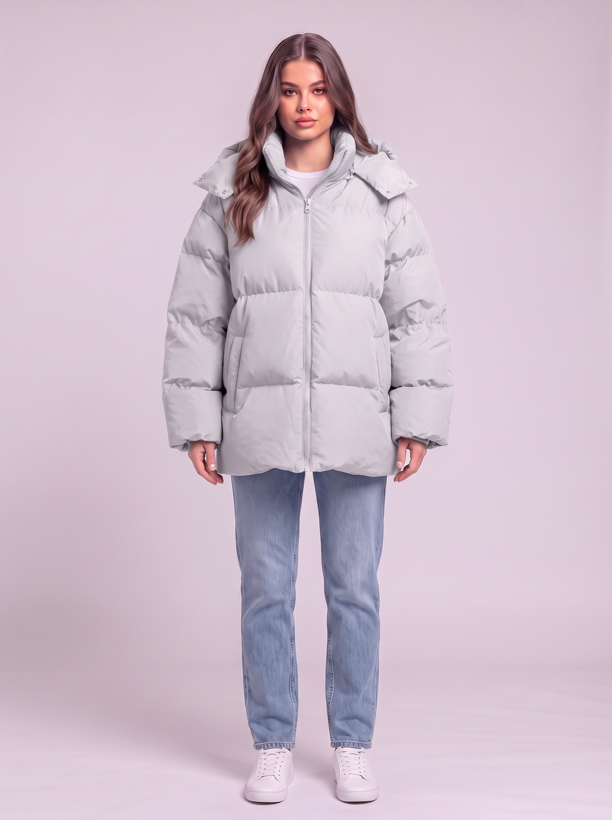 Pocketed Hooded Puffer Jacket - Light Gray