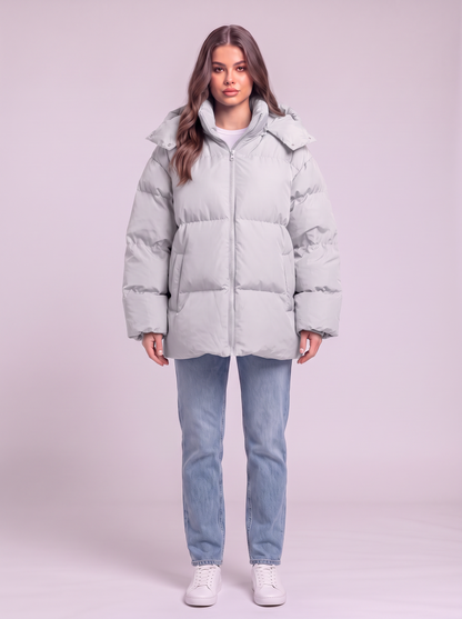 Pocketed Hooded Puffer Jacket - Light Gray