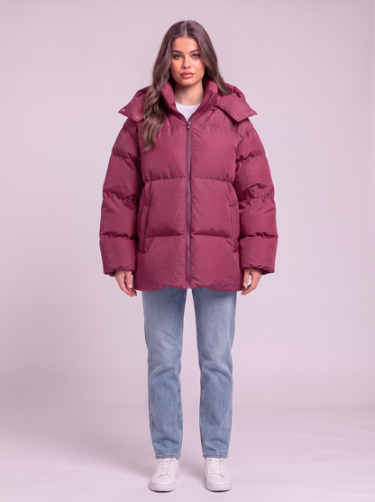 Pocketed Hooded Puffer Jacket - Burgundy