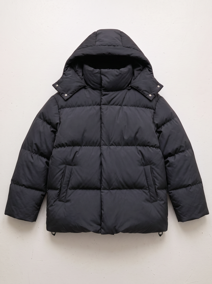 Pocketed Hooded Puffer Jacket - Black - flat lay