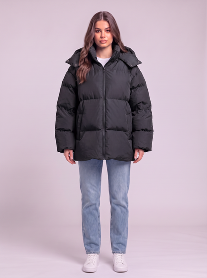 Pocketed Hooded Puffer Jacket - Black