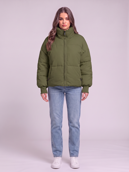 Zip Up Turtleneck Puffer Jacket - Moss