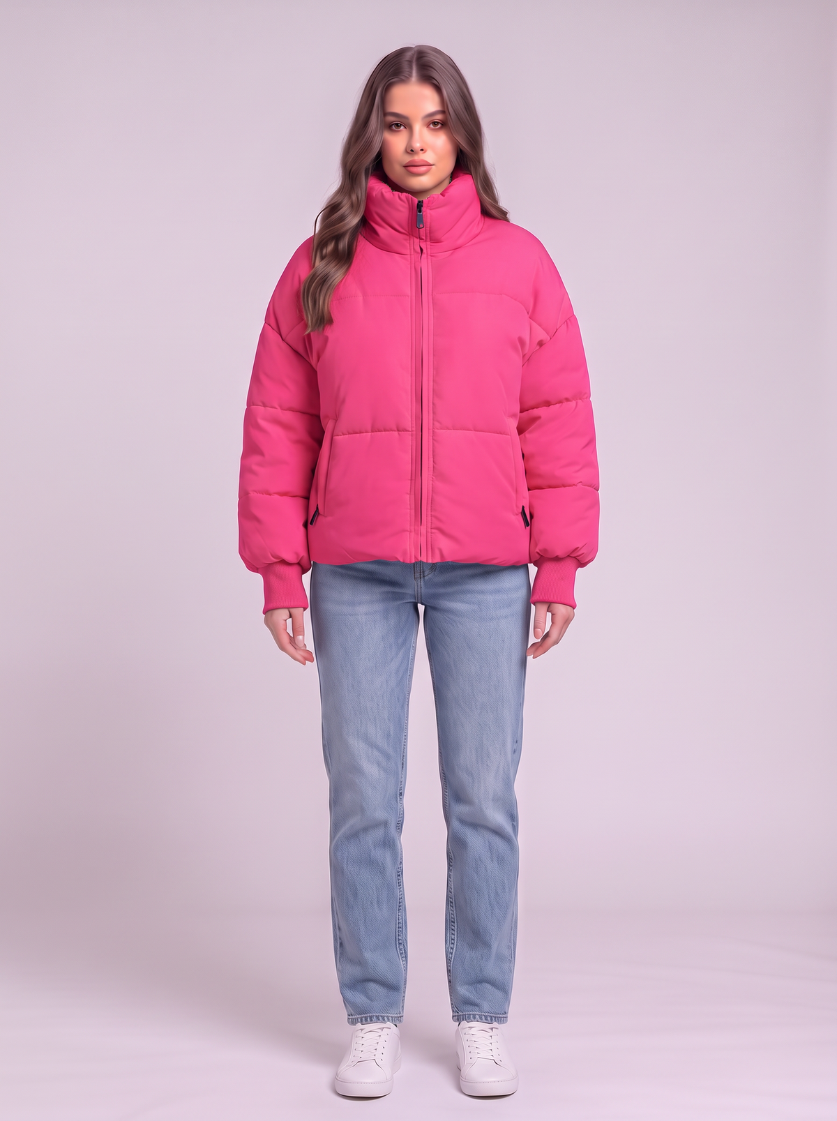Zip Up Turtleneck Puffer Jacket - Hot Pink