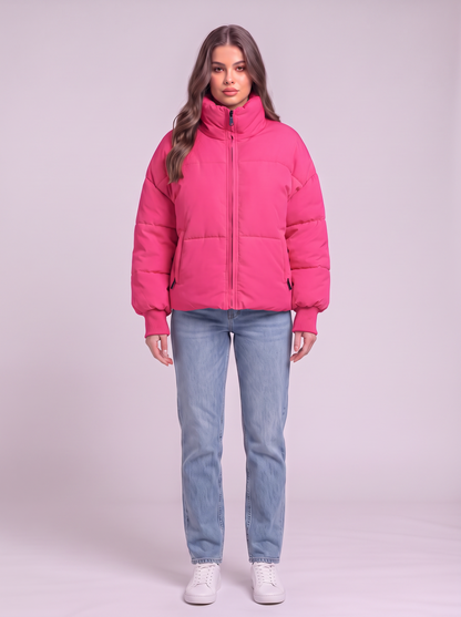 Zip Up Turtleneck Puffer Jacket - Hot Pink