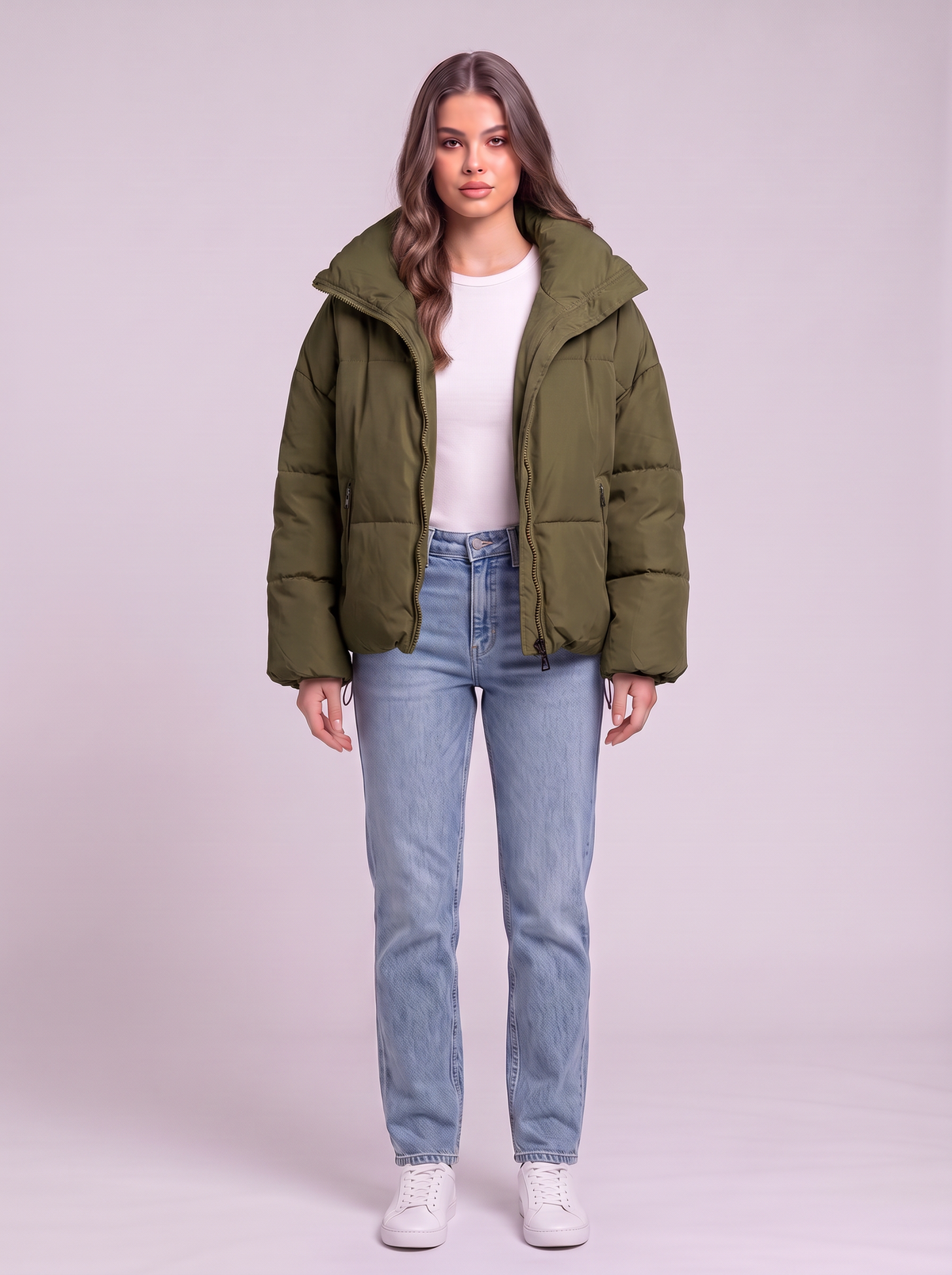 Collared Neck Puffer Coat - Moss