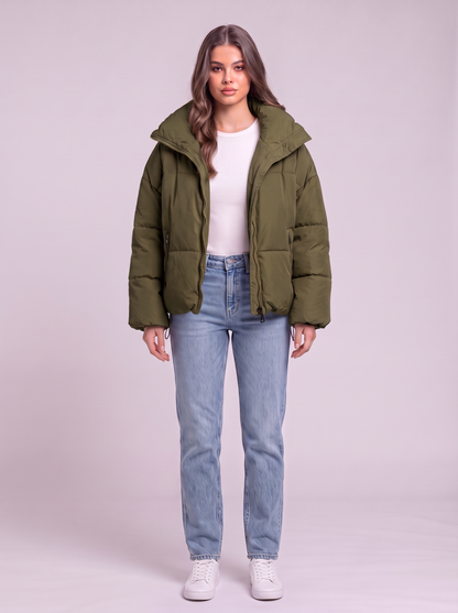 Collared Neck Puffer Coat - Moss