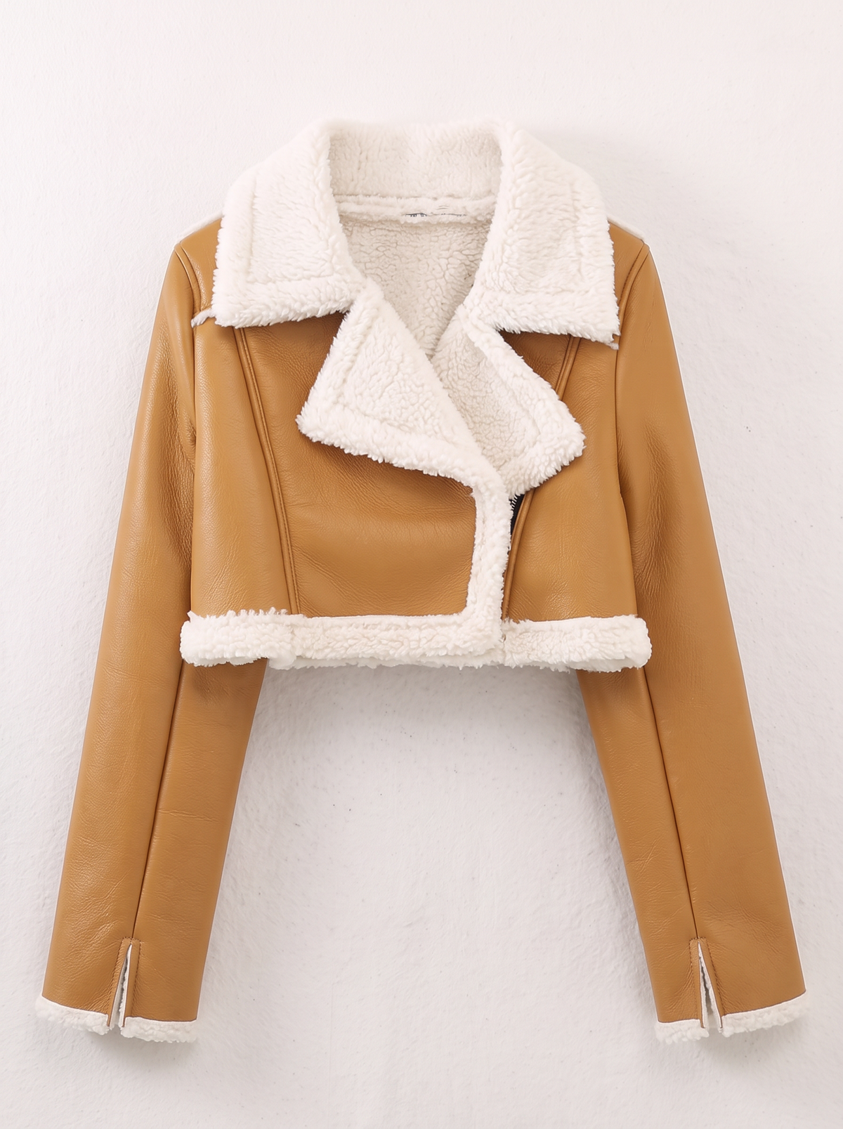 Collared Plush Cropped Jacket - Mustard - flat lay