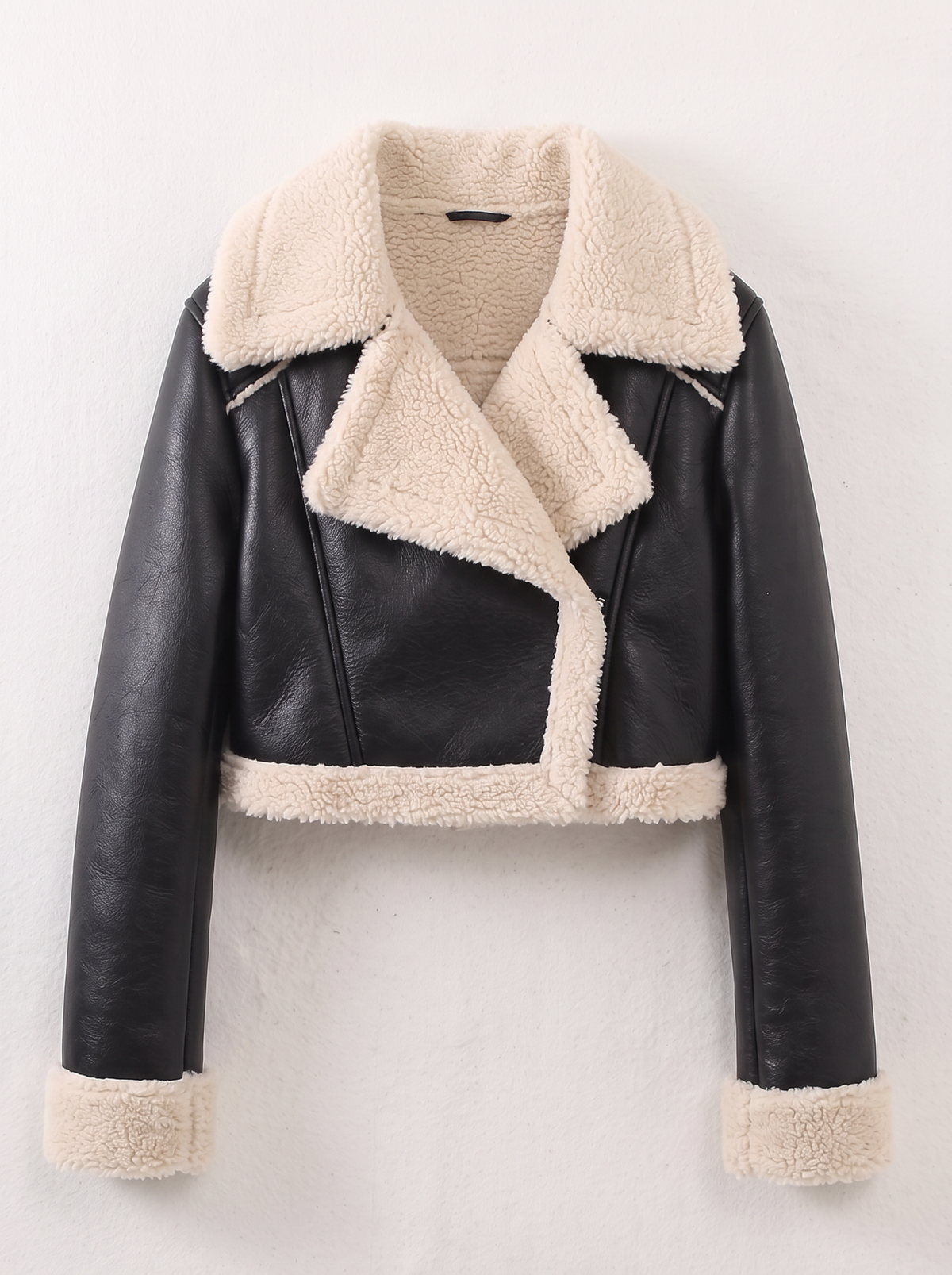 Collared Plush Cropped Jacket - Black/White - flat lay