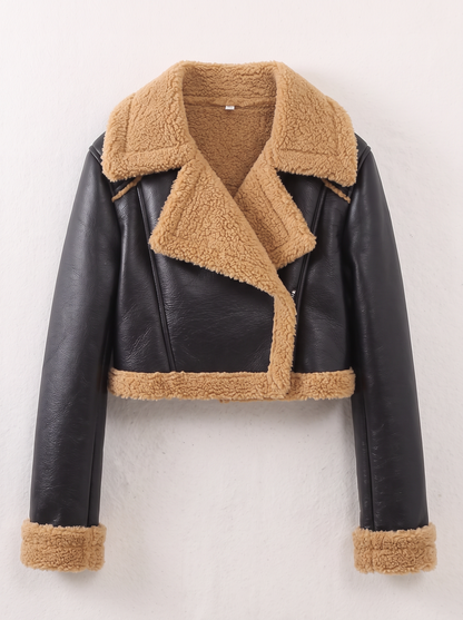 Collared Plush Cropped Jacket - Black - flat lay