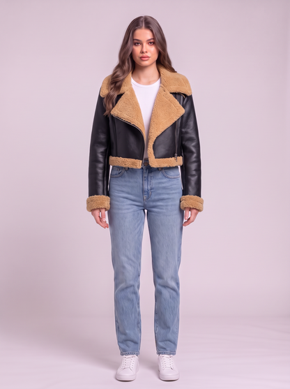 Collared Plush Cropped Jacket - Black