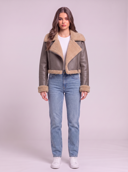Collared Plush Cropped Jacket - Coffee Brown