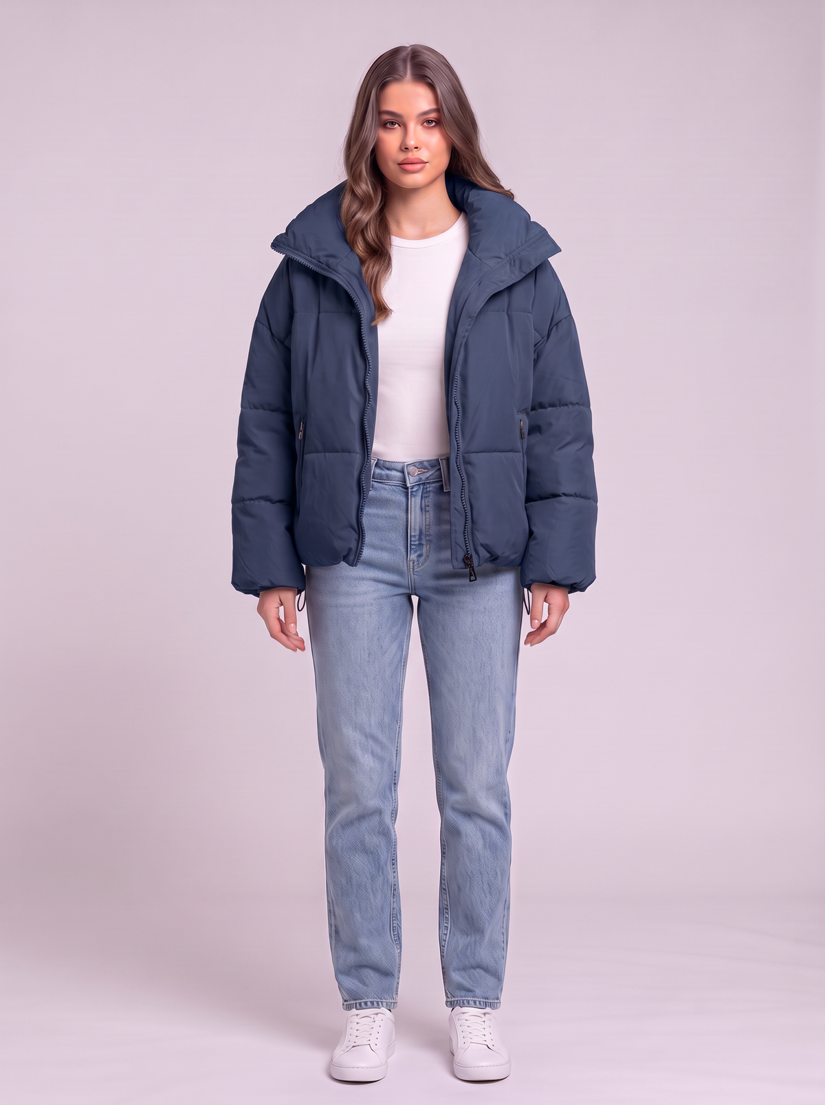 Collared Neck Puffer Coat - Cobald Blue