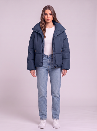 Collared Neck Puffer Coat - Cobald Blue