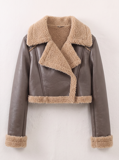 Collared Plush Cropped Jacket - Coffee Brown - flat lay