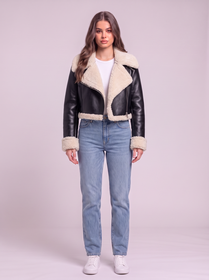 Collared Plush Cropped Jacket - Black/White