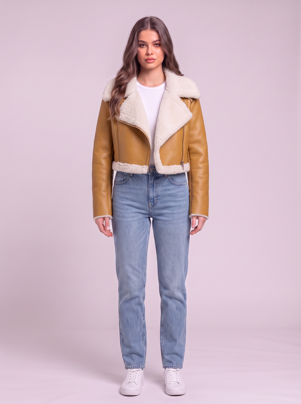 Collared Plush Cropped Jacket - Mustard