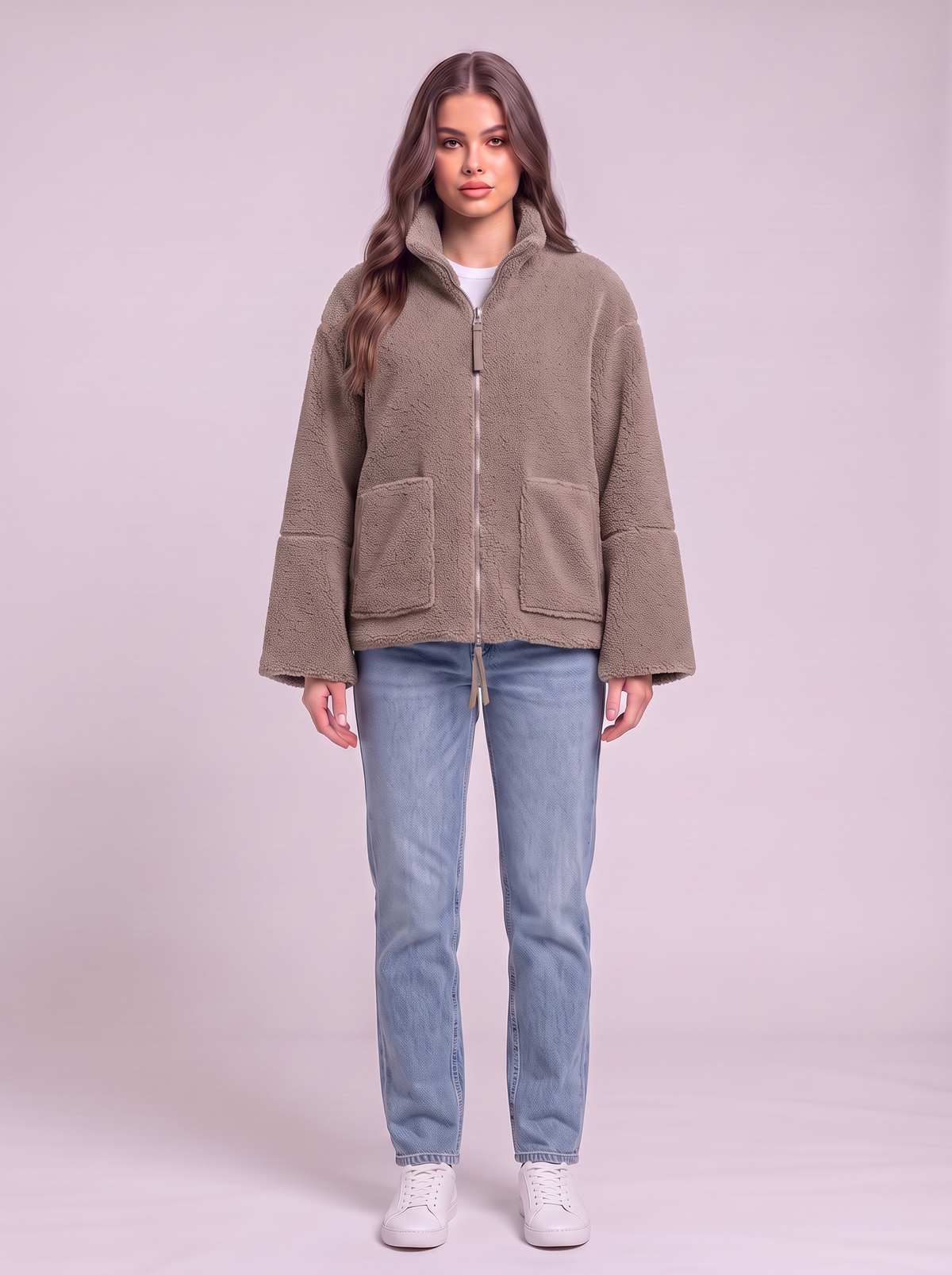 Turtleneck Zip Up Plush Jacket - Mocha