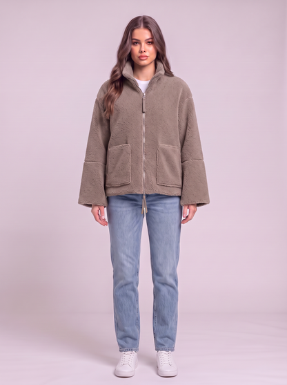 Turtleneck Zip Up Plush Jacket - Mocha