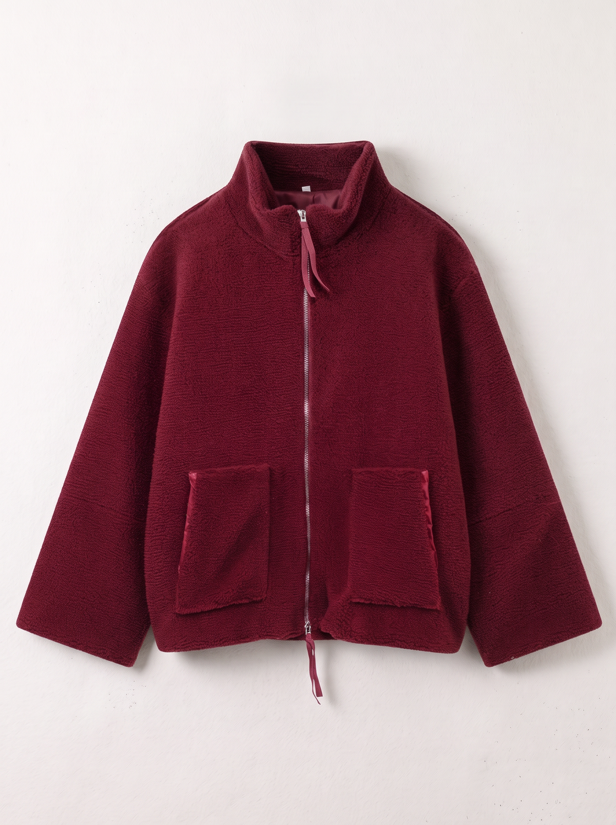 Turtleneck Zip Up Plush Jacket - Burgundy - flat lay