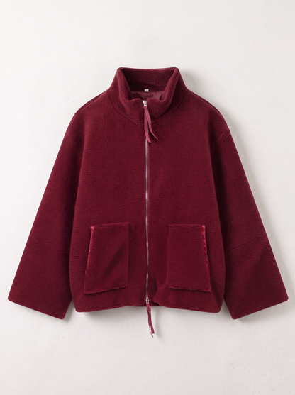 Turtleneck Zip Up Plush Jacket - Burgundy - flat lay
