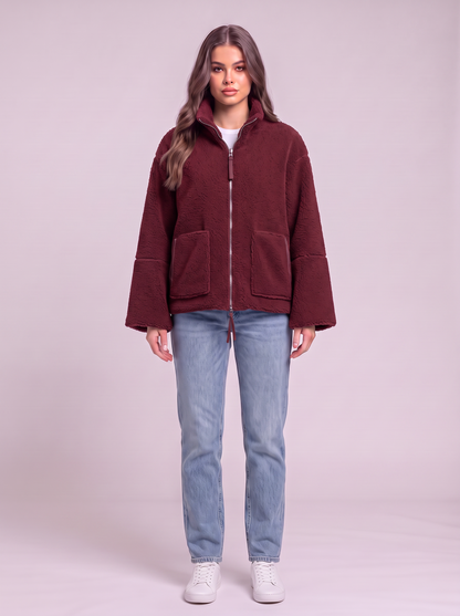 Turtleneck Zip Up Plush Jacket - Burgundy