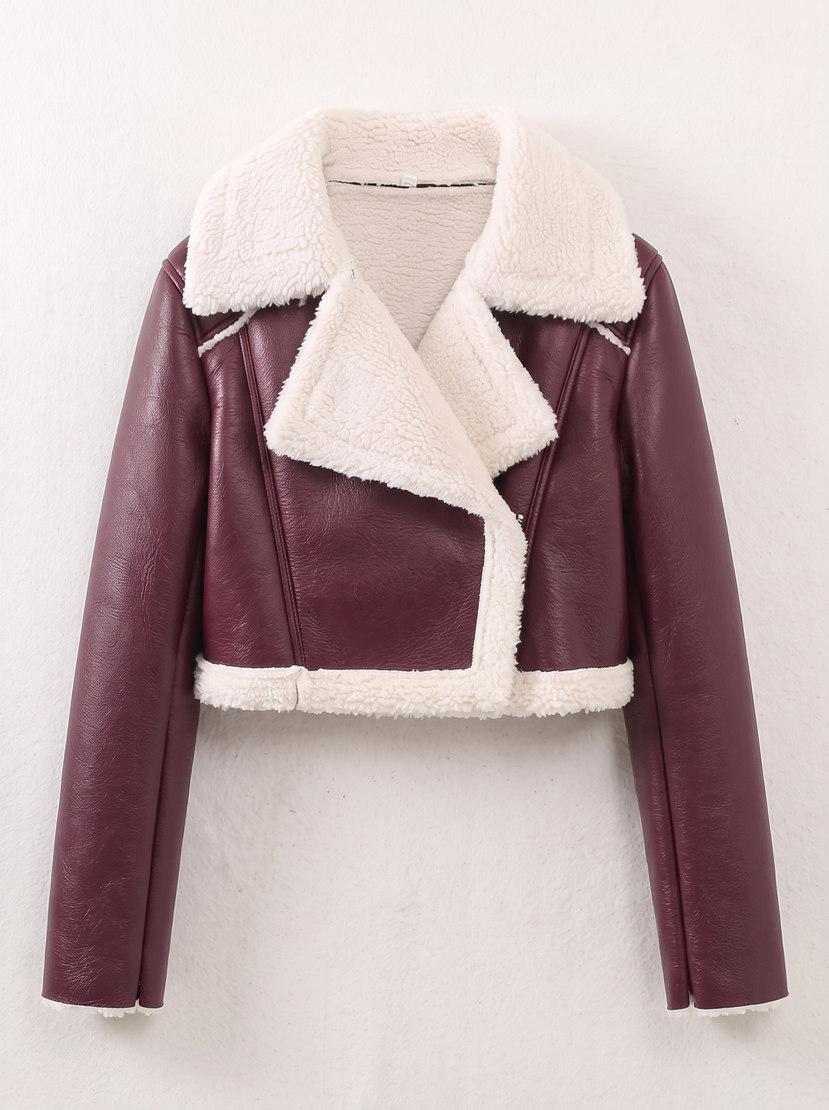 Collared Plush Cropped Jacket - Burgundy - flat lay