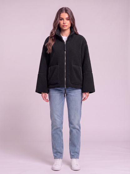 Turtleneck Zip Up Plush Jacket - Black