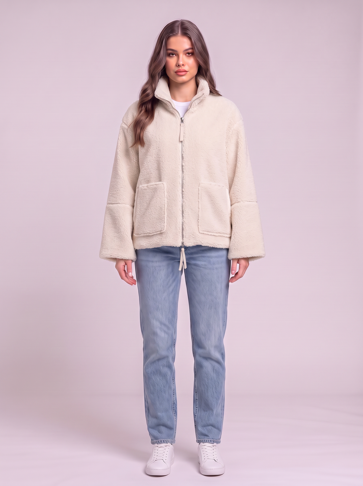 Turtleneck Zip Up Plush Jacket - White