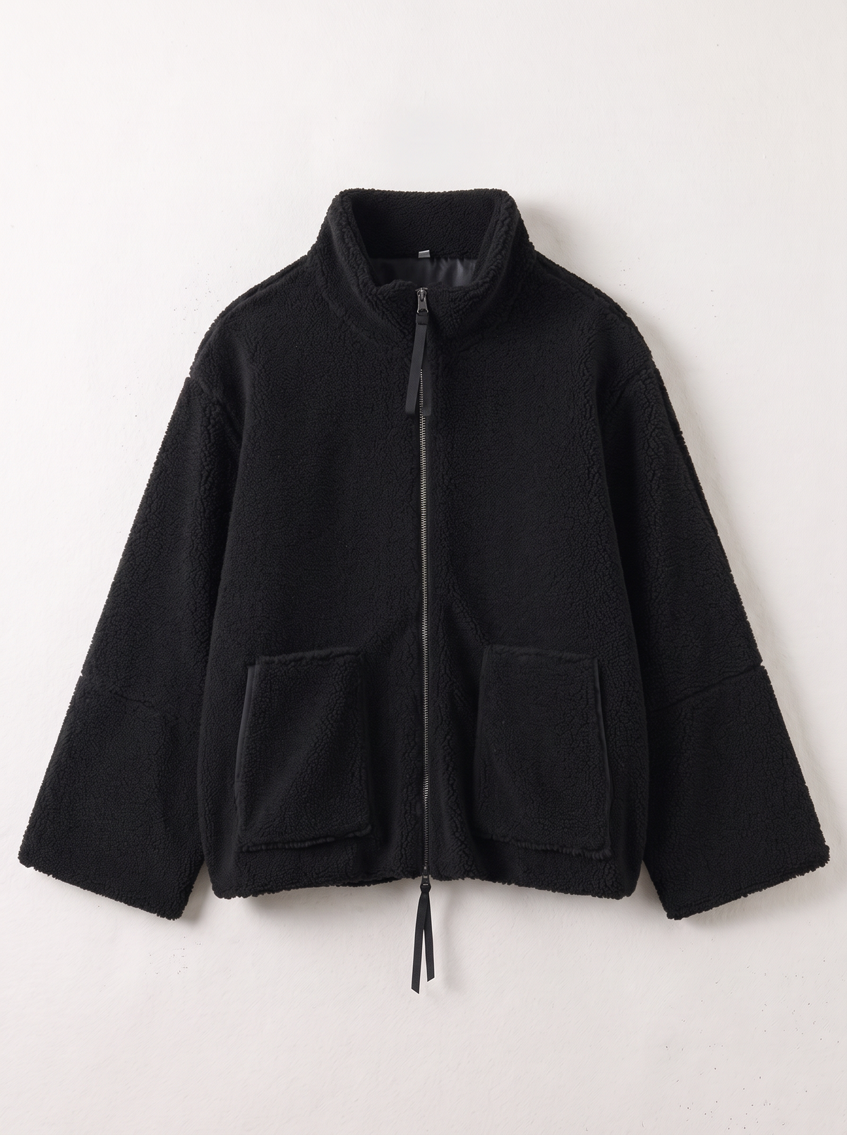 Turtleneck Zip Up Plush Jacket - Black - flat lay