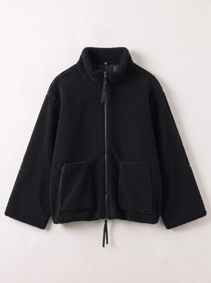 Turtleneck Zip Up Plush Jacket - Black - flat lay